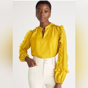 Ann Taylor Mustard Ruffle Sleeve Blouse EUC SP PTP 20 - EUC